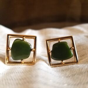🇨🇦 Ladies Beautiful Vintage Sarah Coventry Gold And Jade Green Cuff Links EUC